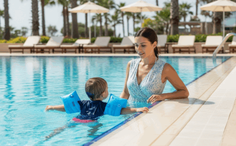 Maman surveillant son enfant équiper de brassards pour la sécurité piscine enfant