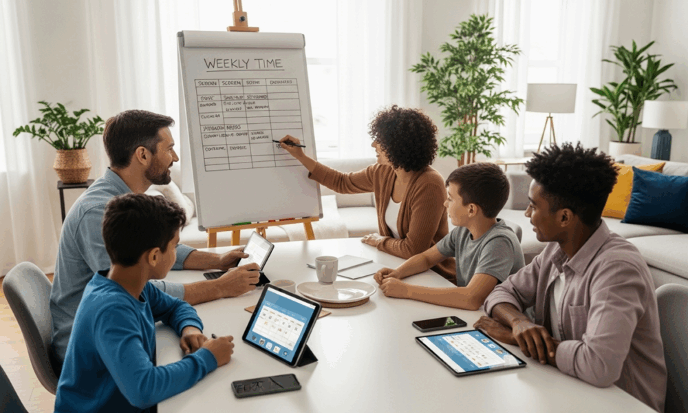 Famille établissant des règles de temps d'écran