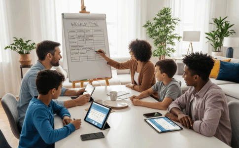 Famille établissant des règles de temps d'écran avec contrôle parental bienveillant