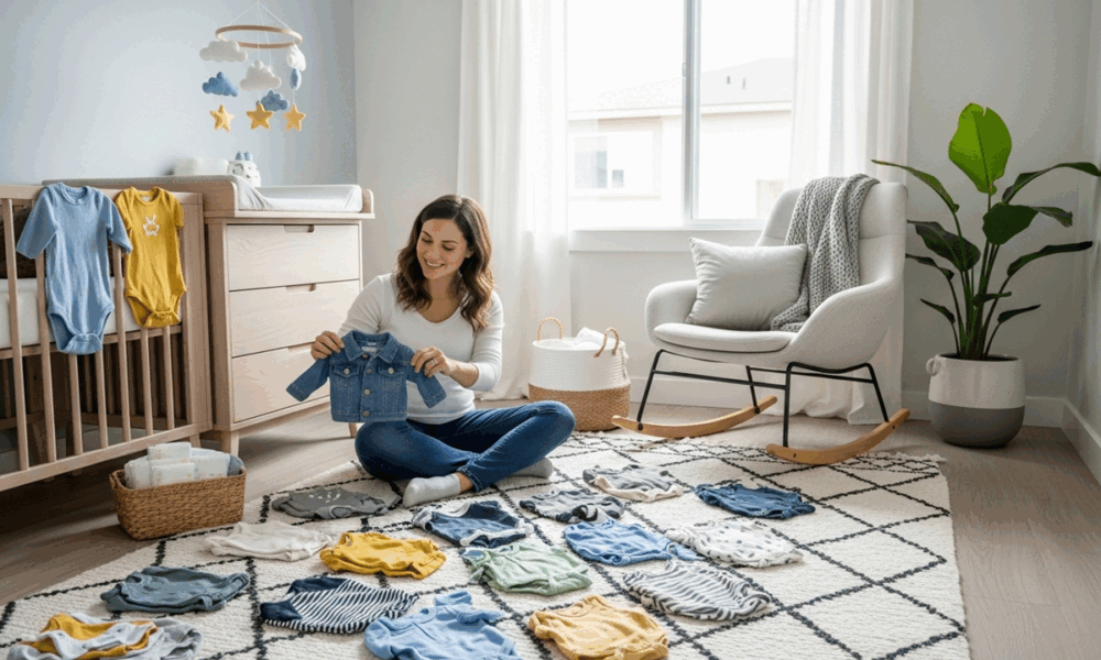 Maman organisant des vêtements de seconde main de qualité pour bébé dans une chambre moderne