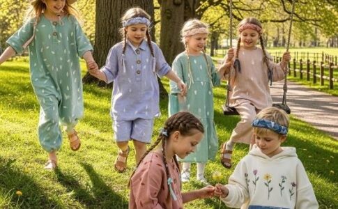 Enfants portant des vêtements tendance 2025 en teintes pastel et style éco-responsable dans un parc