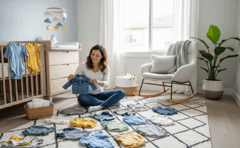 Maman organisant des vêtements de seconde main de qualité pour bébé dans une chambre moderne