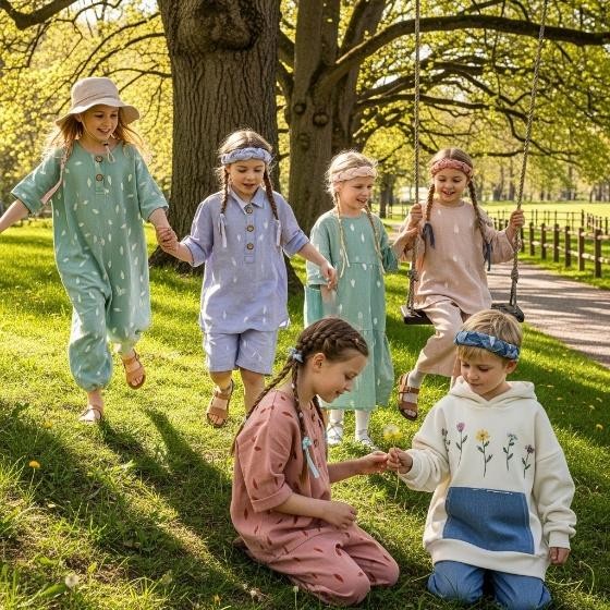 Enfants portant des vêtements tendance 2025 en teintes pastel et style éco-responsable dans un parc