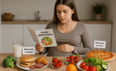 Femme enceinte consultant un guide sur les aliments à éviter
