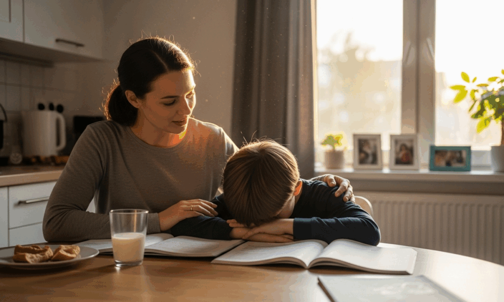 Parent offrant un accompagnement parental bienveillant à son enfant souffrant d'anxiété scolaire