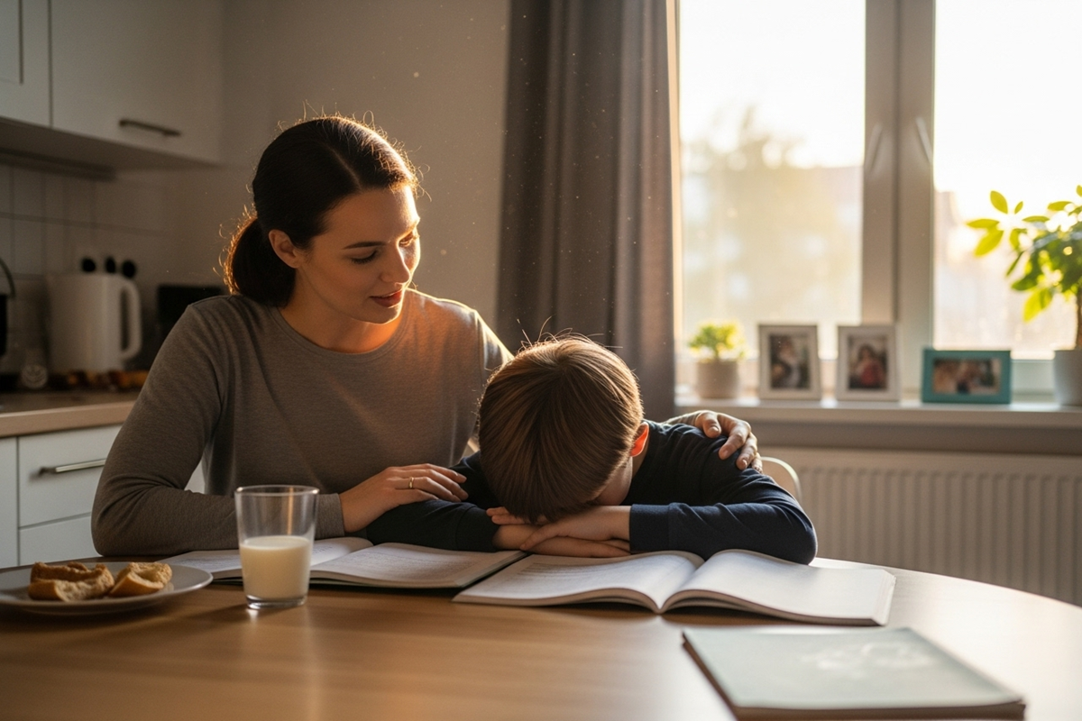 Parent offrant un accompagnement parental bienveillant à son enfant souffrant d'anxiété scolaire
