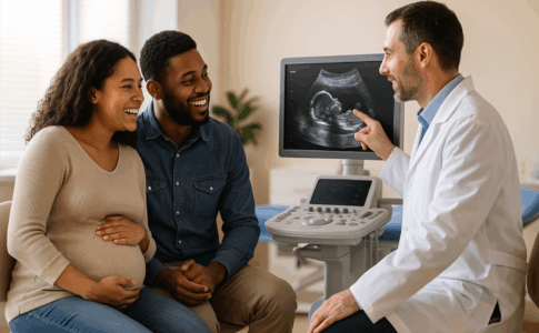 Couple ému découvrant les premières échographies de leur bébé