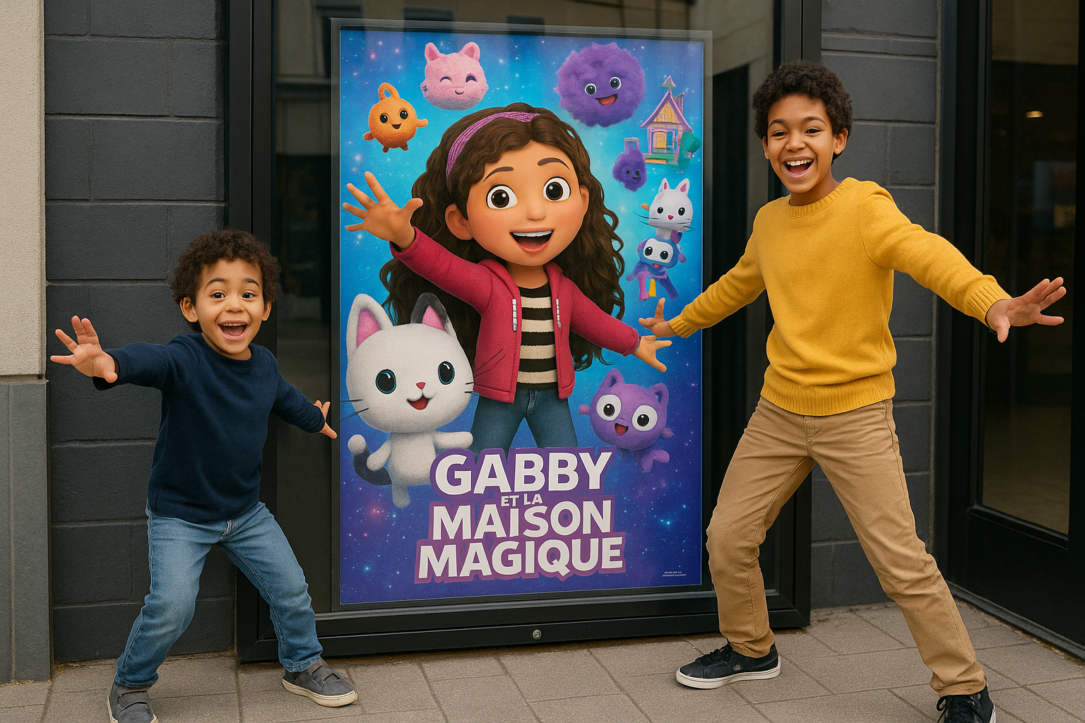 Deux garçons devant l’affiche du film Gabby et la maison magique