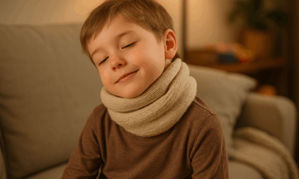 Enfant au repos soulageant son torticolis musculaire