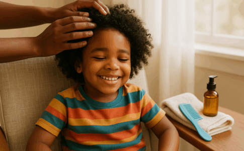 Enfant aux cheveux crépus souriant pendant une routine capillaire