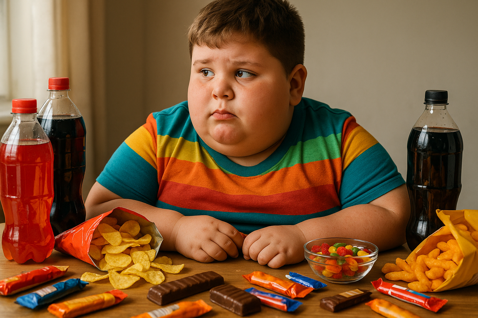 Enfant entouré de produits ultratransformés illustrant l’obésité
