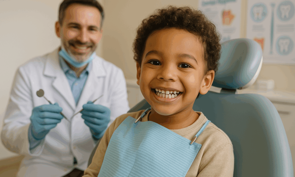Enfant montrant ses dents de lait lors d’une visite chez le dentiste