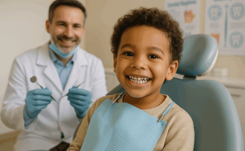 Enfant montrant ses dents de lait lors d’une visite chez le dentiste