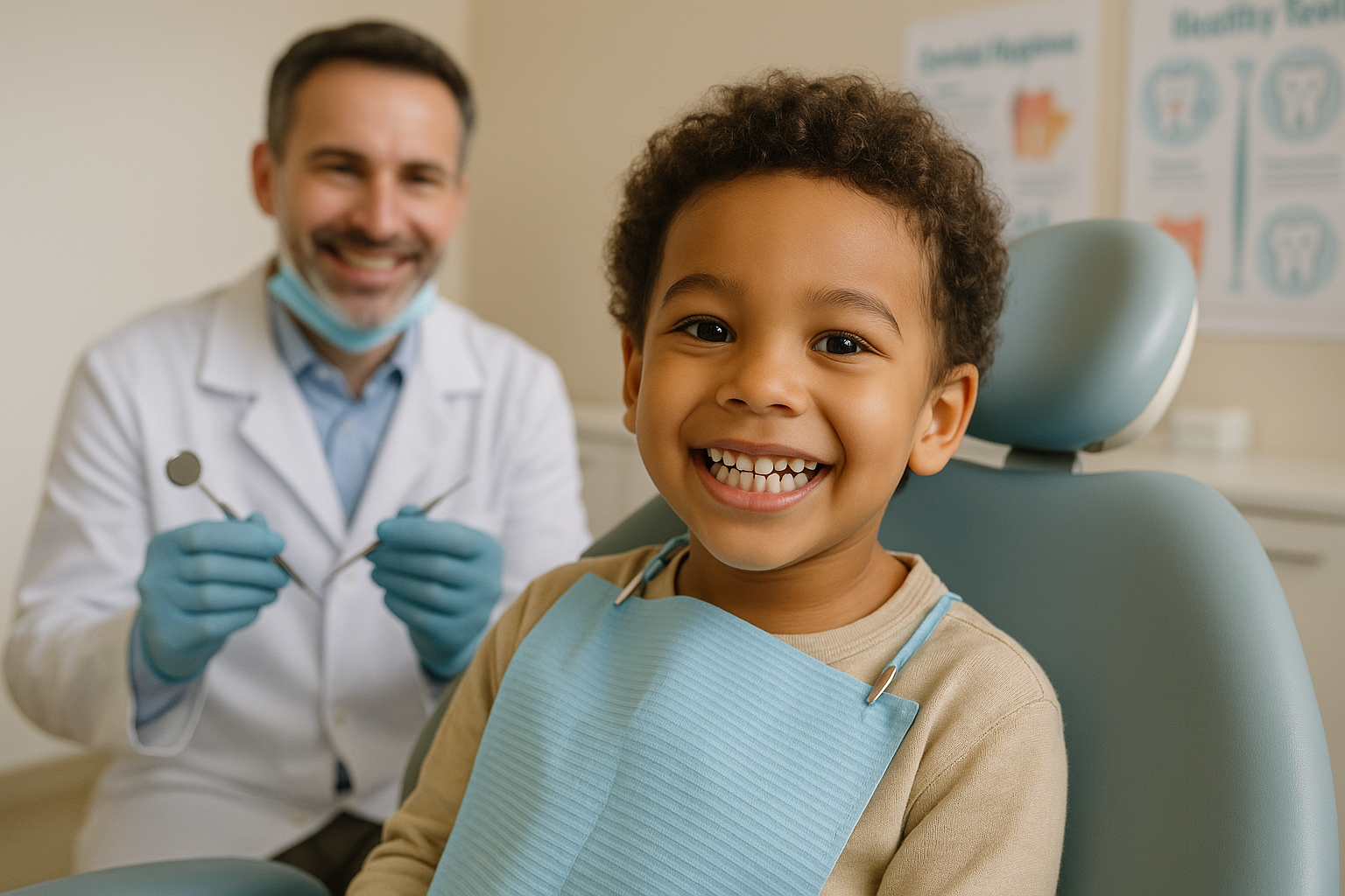 Enfant montrant ses dents de lait lors d’une visite chez le dentiste