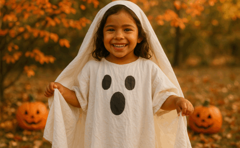 Enfant portant un costume écologique Halloween