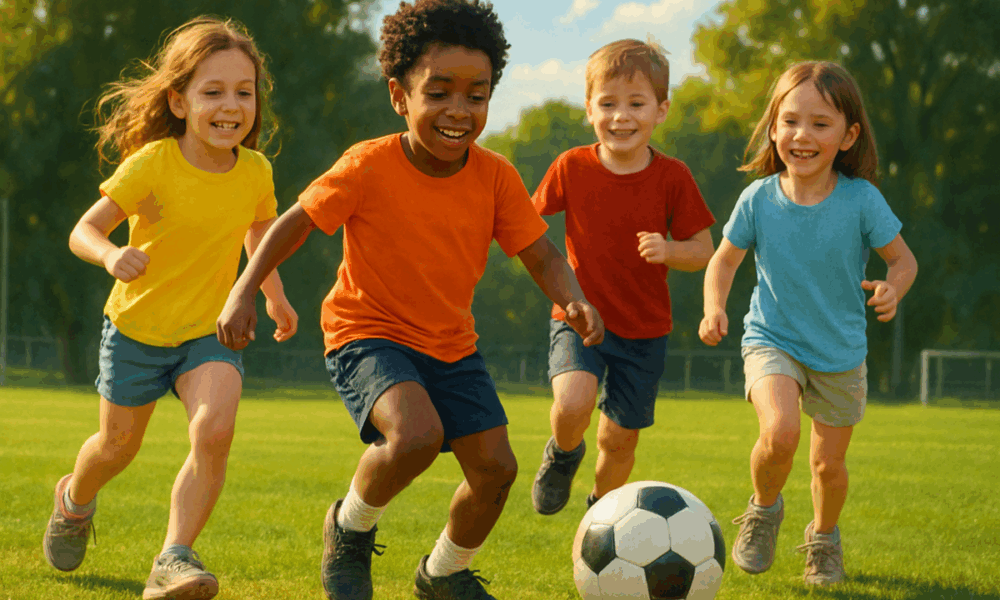 Des enfants joyeux jouent au football