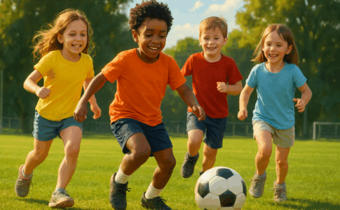 Des enfants joyeux jouent au football