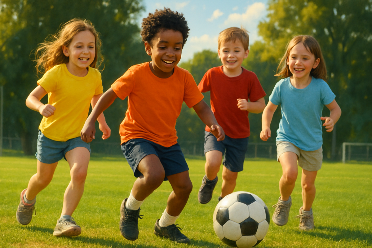 Des enfants joyeux jouent au football