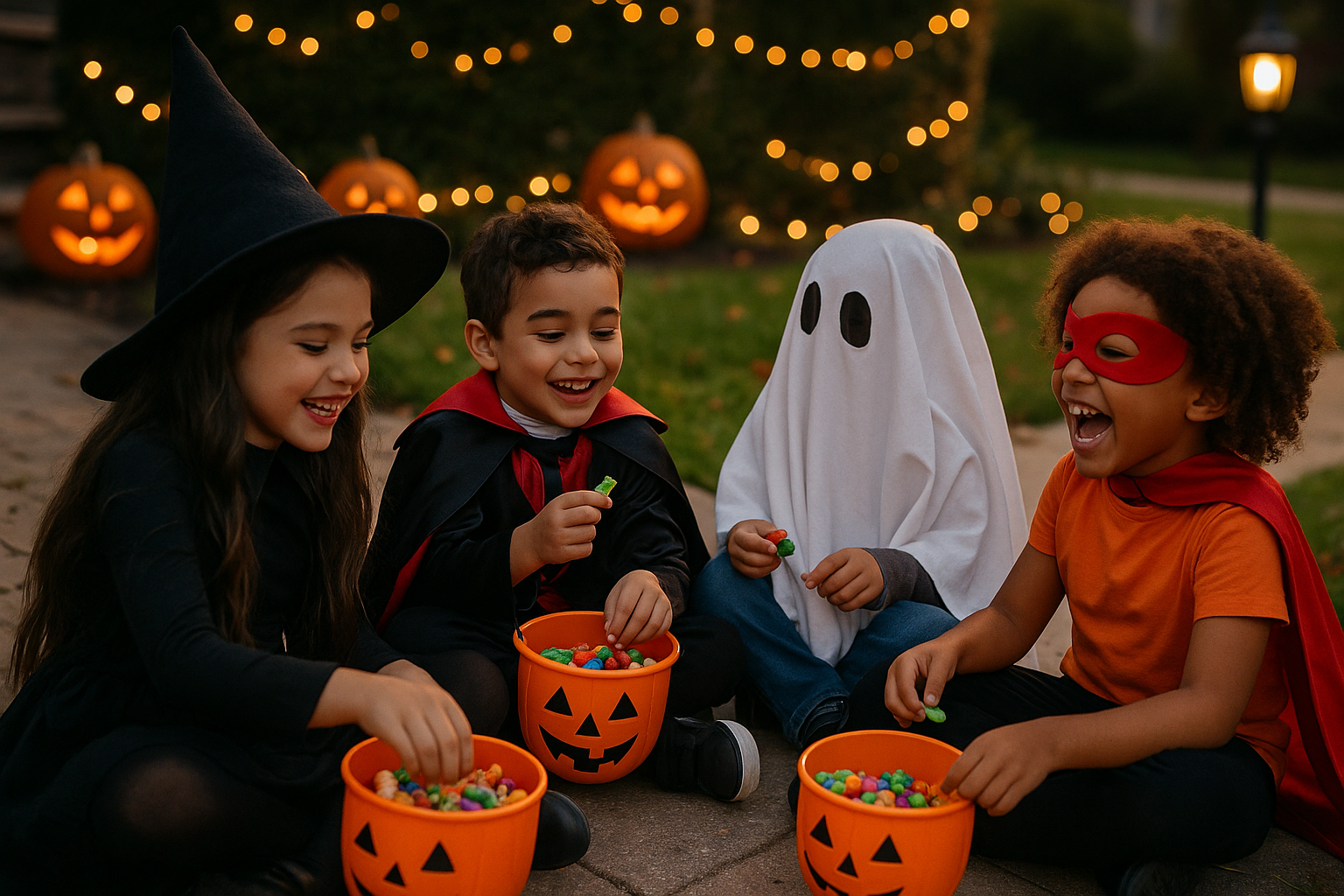 Enfants déguisés partageant leurs bonbons Halloween