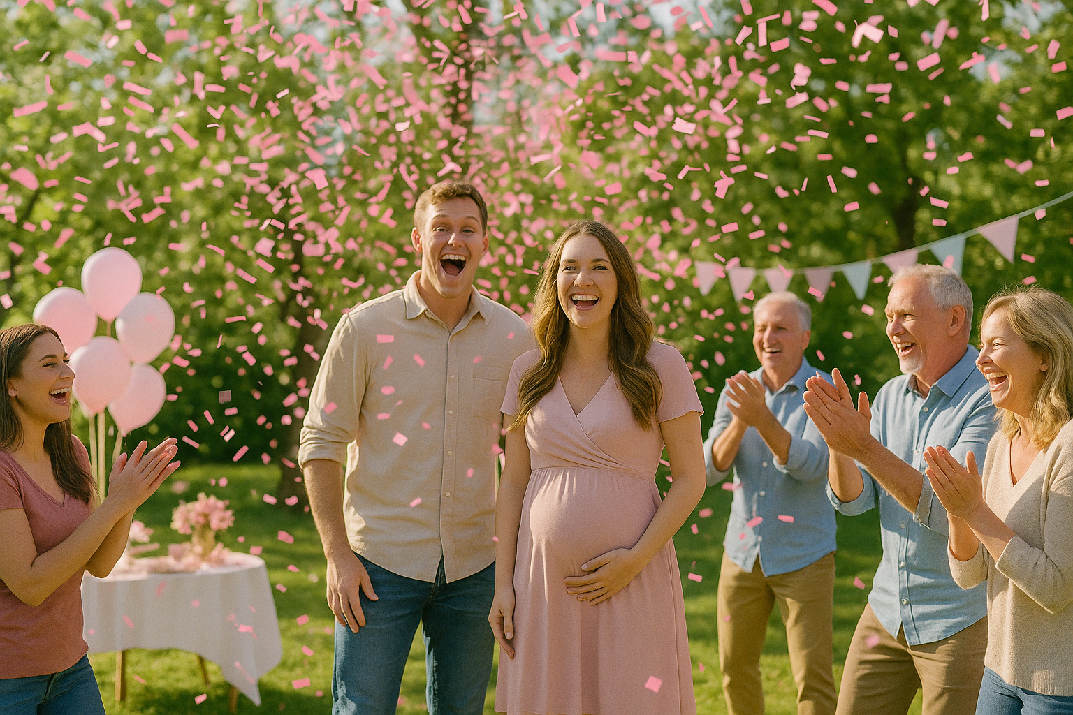 Explosion de confettis roses pour gender reveal