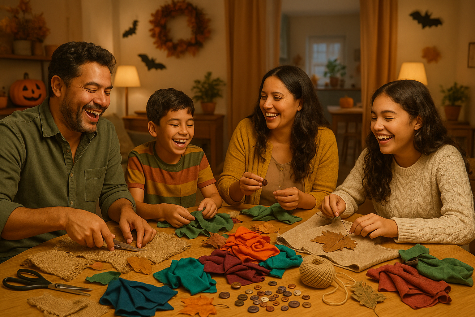 Famille creant ensemble un costume écologique Halloween