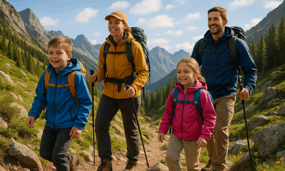 Une famille équipée pour une randonnée en montagne