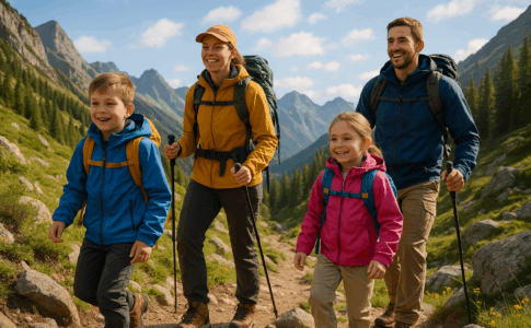 Une famille équipée pour une randonnée en montagne