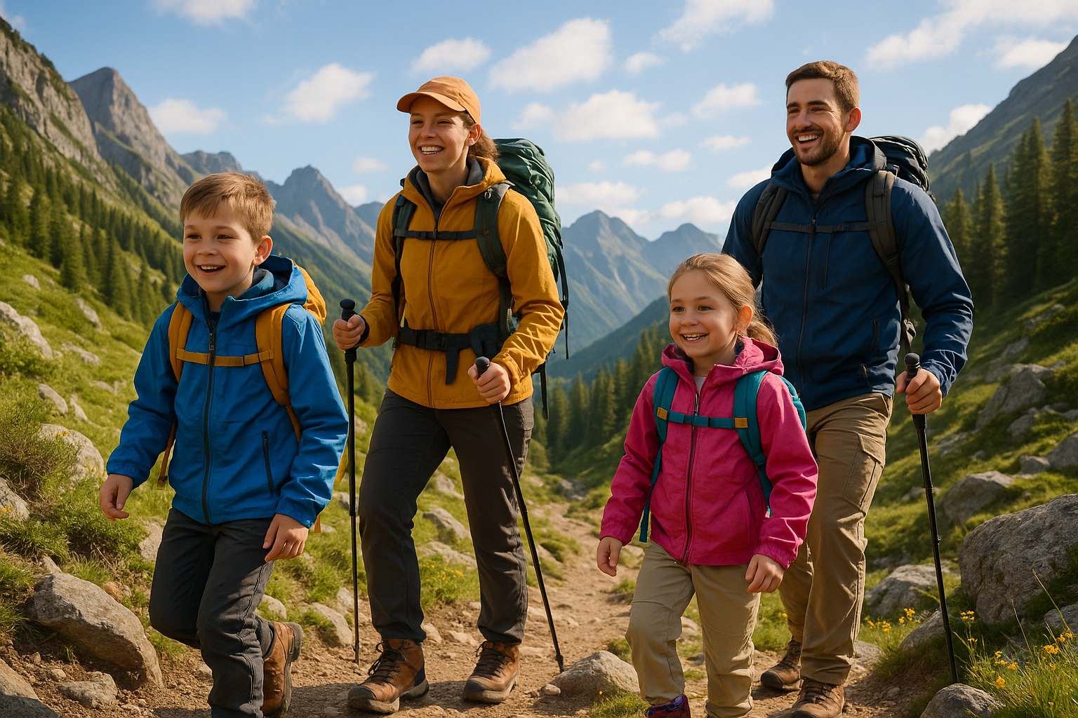 Une famille équipée pour une randonnée en montagne