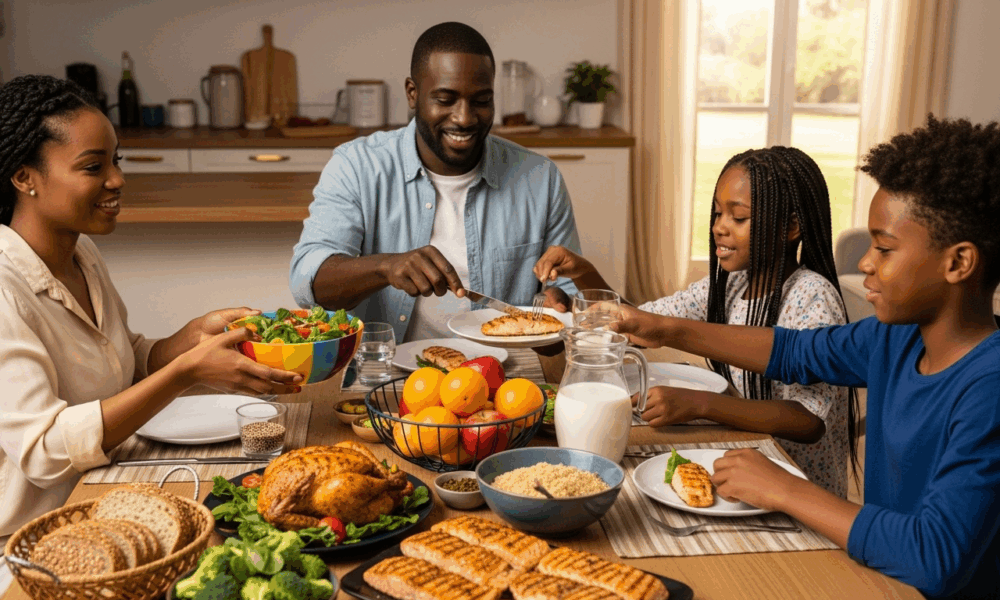 Famille partageant un repas équilibré pour la croissance des enfants