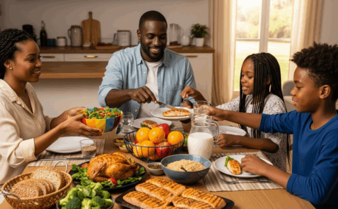Famille partageant un repas équilibré pour la croissance des enfants