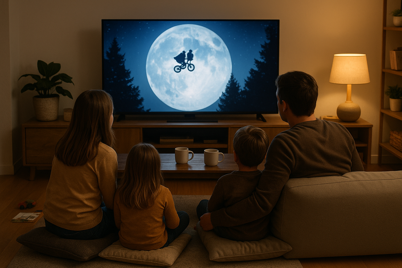 Famille partageant la découverte des films mythiques de l’enfance