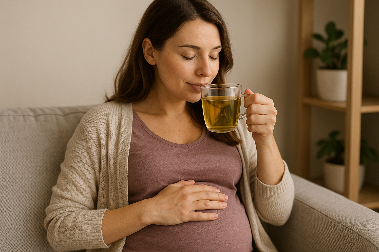Une femme enceinte buvant une tisane apaisante