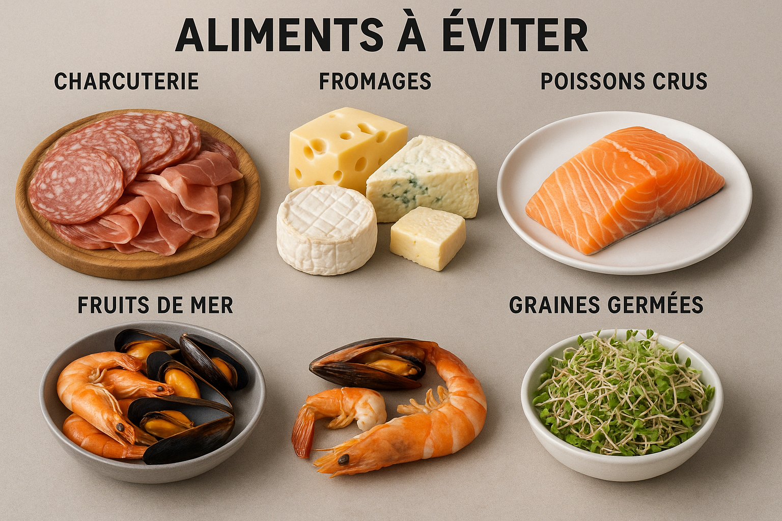 Infographie photographique montrant des aliments à éviter pendant la grossesse