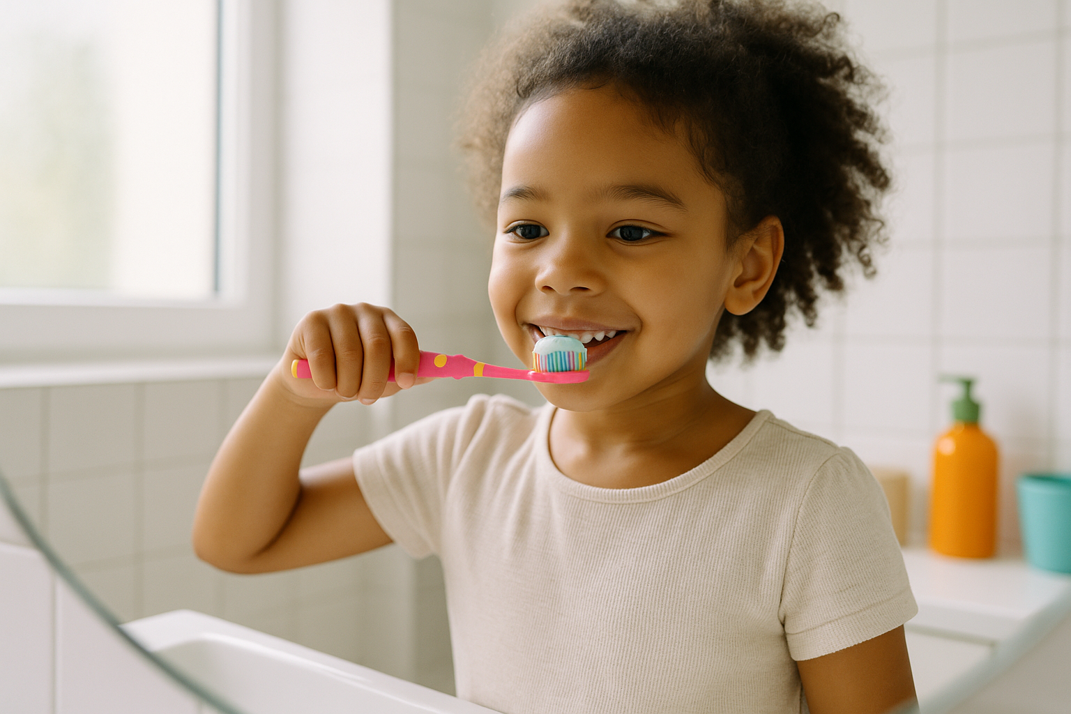 Jeune enfant se brossant les dents de lait devant un miroir