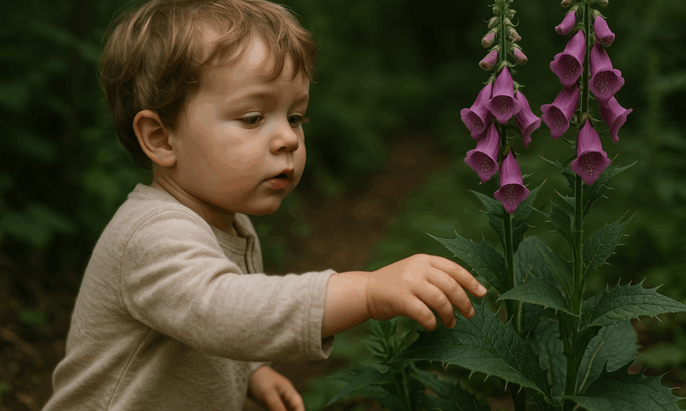 Un jeune enfant curieux touchant des plantes dangereuses