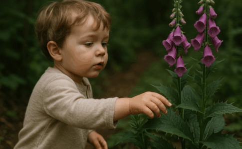 Un jeune enfant curieux touchant des plantes dangereuses