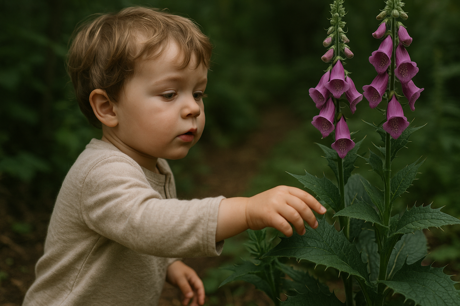Un jeune enfant curieux touchant des plantes dangereuses
