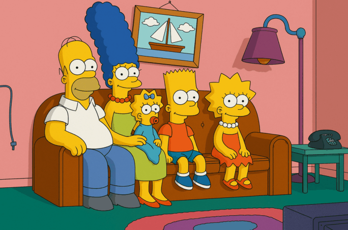 Les Simpson assises sur leur célèbre canapé orange