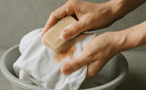 Mains utilisant du savon pour détacher les vêtements