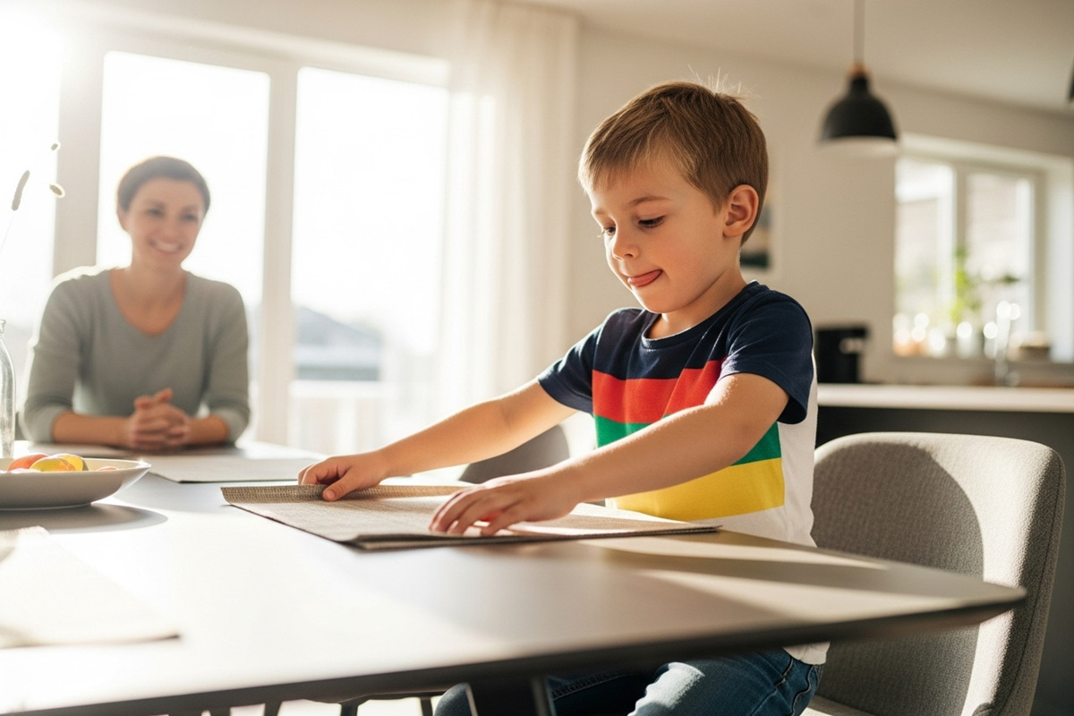 Enfant développant son autonomie en accomplissant une tâche quotidienne avec fierté