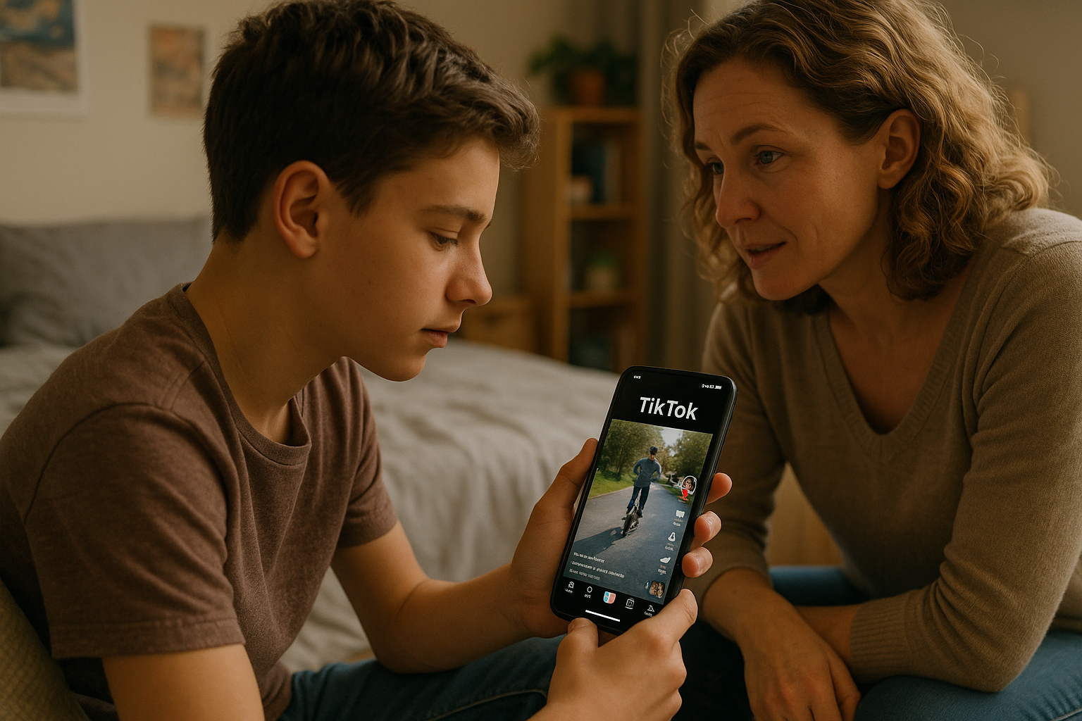 Parent et adolescent discutant de ce qu'ils voient sur TikTok
