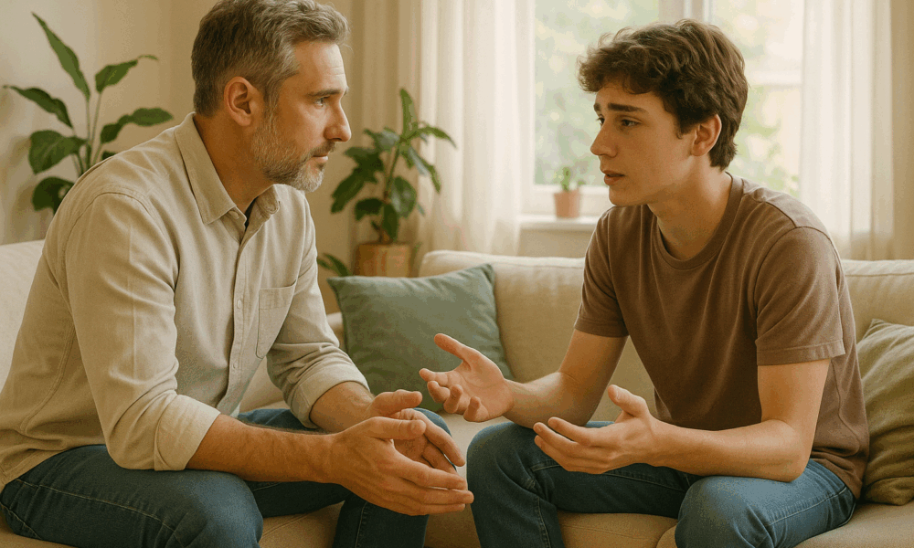 Parent et enfant discutant de santé mentale