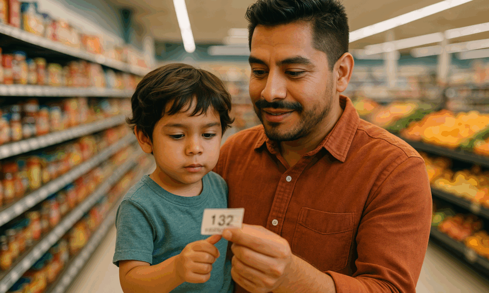 Parent qui commence à parler d’argent à un enfant en montrant les prix
