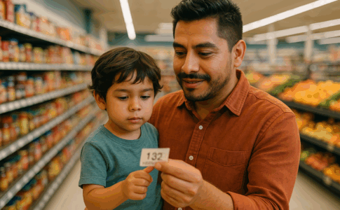 Parent qui commence à parler d’argent à un enfant en montrant les prix