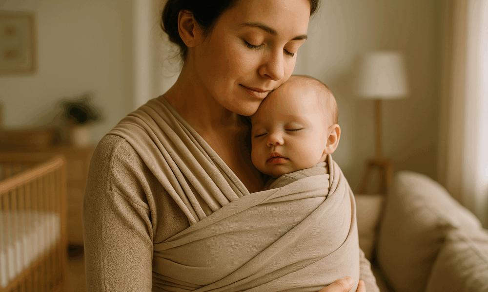 Parent utilisant le portage pour endormir bébé