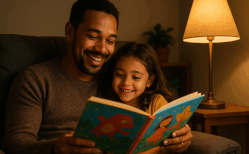 Père et fille partagent une lecture littérature jeunesse