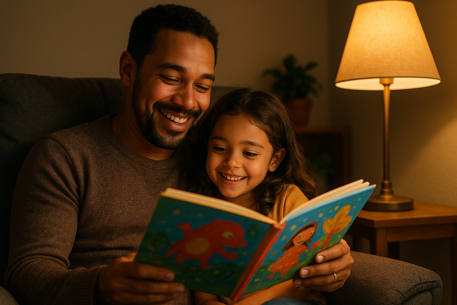 Père et fille partagent une lecture littérature jeunesse