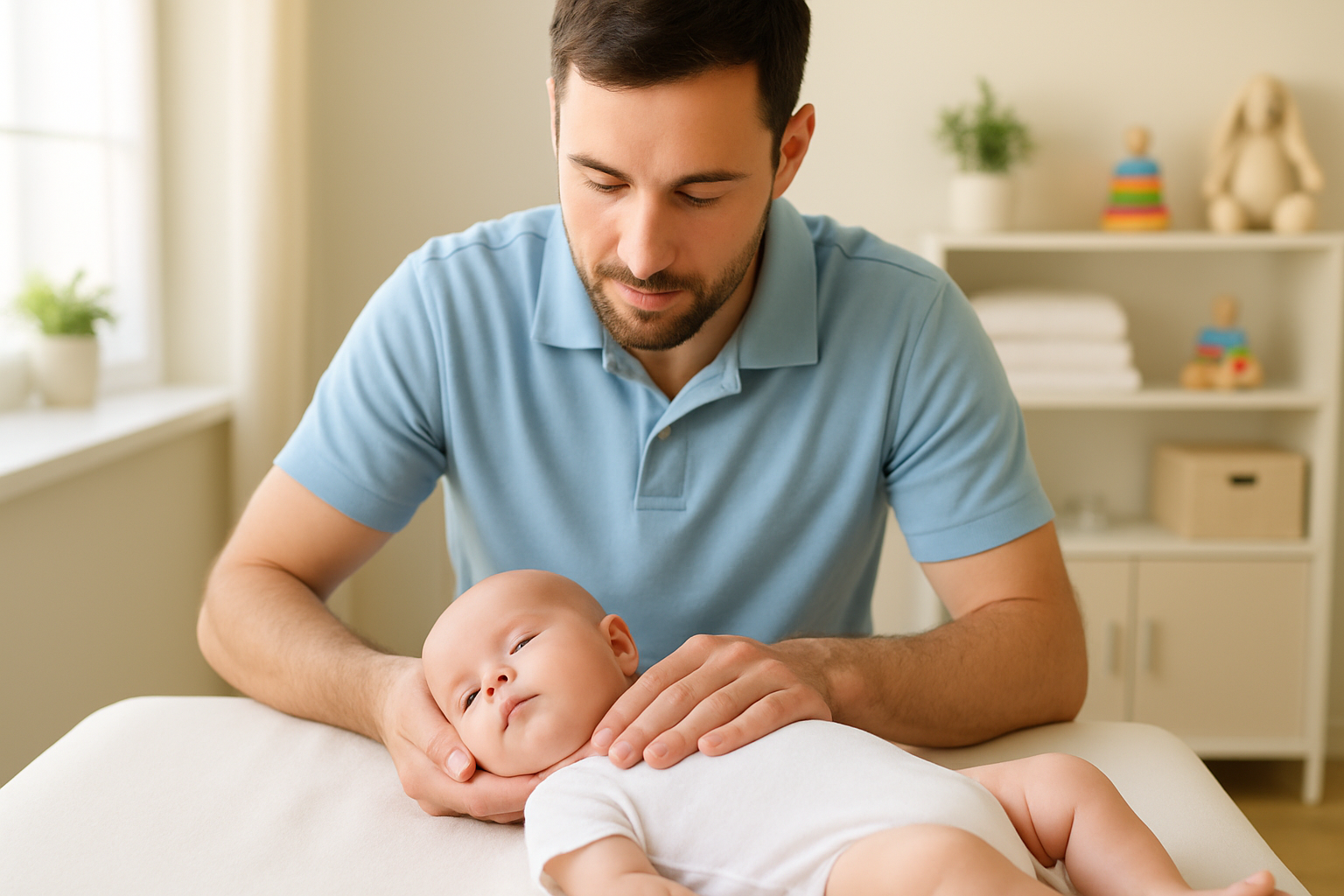 Spécialiste traitant un torticolis congénital de nourrisson