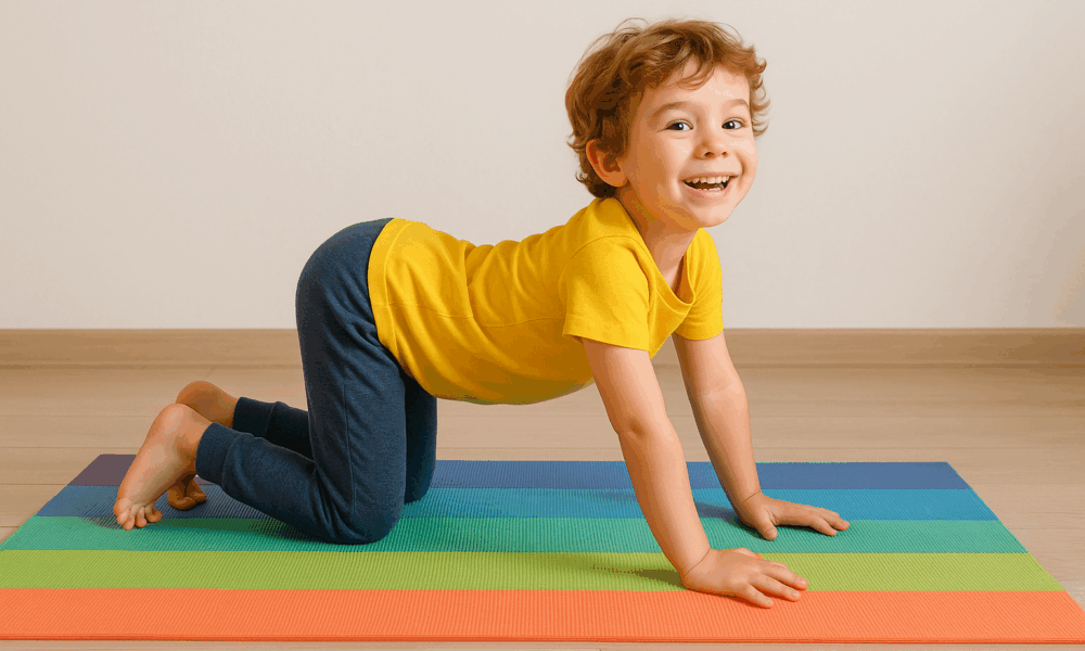 Un garçon souriant exécute des postures de yoga