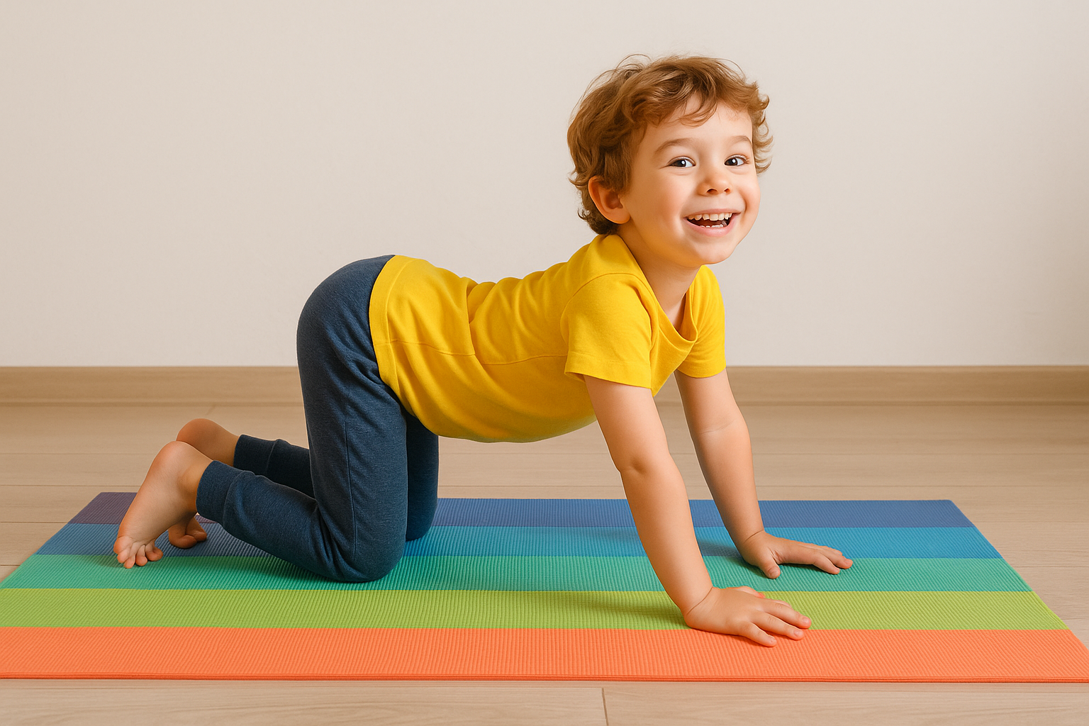 Un garçon souriant exécute des postures de yoga 